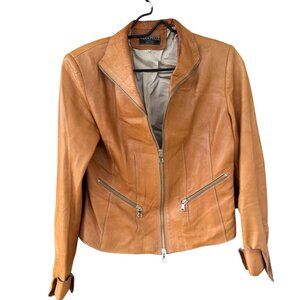 Vera Pelle Tan Leather Jacket Small Made In Italy With Double Zipper Closures